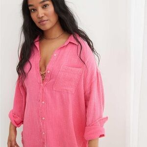 Aerie Gauzy Coverup Shirt Pink Polish Size Small